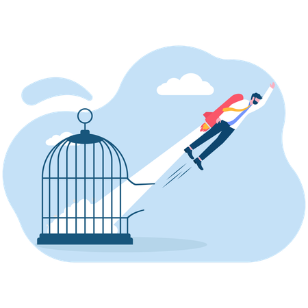 Businessman riding broken rocket out of cage  Illustration