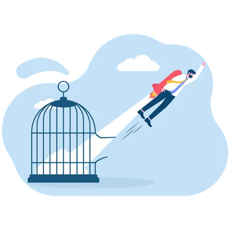 Businessman riding broken rocket out of cage  Illustration