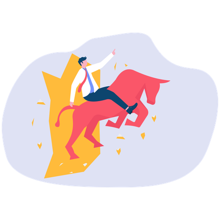 Businessman riding bull breaking barrier of wall  Illustration