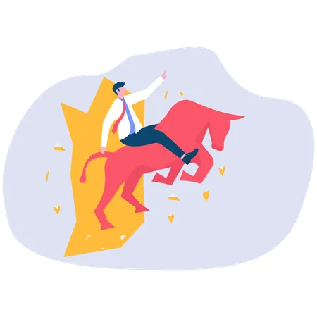 Businessman riding bull breaking barrier of wall  Illustration