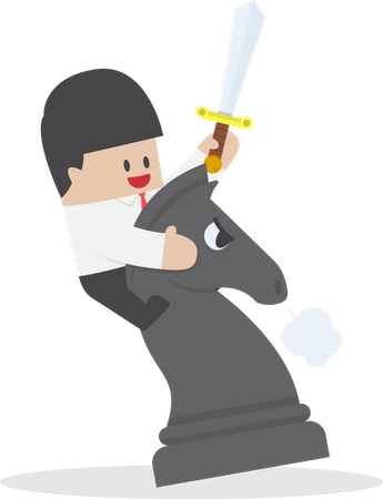 Businessman riding chess horse and fighting  Illustration