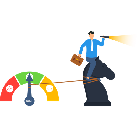 Businessman Riding Chess Piece with Cost Meter  Illustration