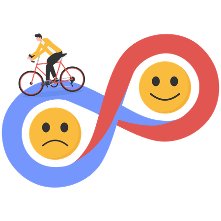 Businessman riding cycle between bad and good feedback infinity sign  Illustration