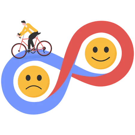 Businessman riding cycle between bad and good feedback infinity sign  Illustration