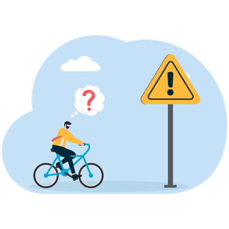Businessman riding cycle thinking abour alert board  Illustration