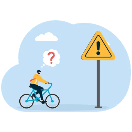 Businessman riding cycle thinking abour alert board  Illustration