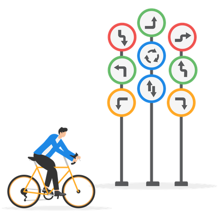 Businessman riding cycle while checking right direction  Illustration