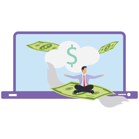 Businessman riding flying banknote from inside laptop  Illustration
