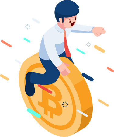 Businessman Riding Flying Bitcoin  Illustration