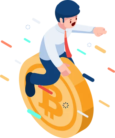 Flat 3 D Isometric Businessman Riding Flying Bitcoin Bitcoin And Cryptocurrency Concept Illustration