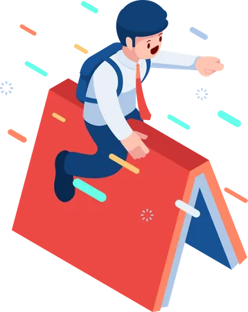 Flat 3 D Isometric Businessman Riding Flying Book Back To School And Education Concept Illustration