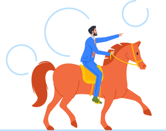 Businessman Riding Horse And Showing Direction With Index Finger Business Competition And Leadership Concept With Confident Character Sitting On Steed Cartoon People Vector Illustration Illustration