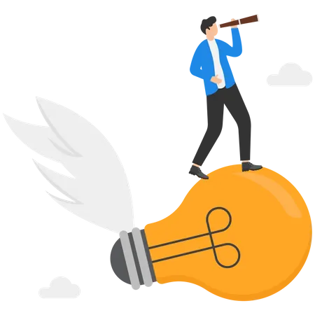 Search For New Business Opportunity Idea Or Inspiration Business Visionary Challenge Or Achievement Concept Businessman Riding Light Bulb Balloon Using Spyglass Or Telescope Searching For Vision Illustration