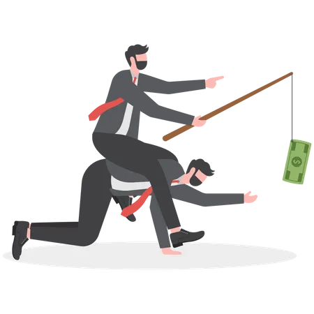 Businessman riding on back of another employee by giving money as bait  Illustration