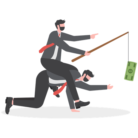 Businessman riding on back of another employee by giving money as bait  Illustration