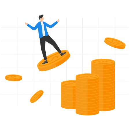 Businessman riding on gold coins towards pile of money  Illustration