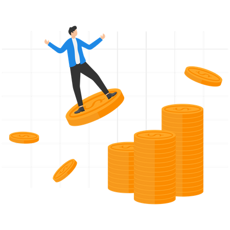 Businessman riding on gold coins towards pile of money  Illustration