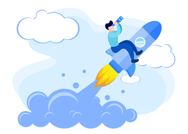 Businessman riding on rocket and searching business vision  Illustration