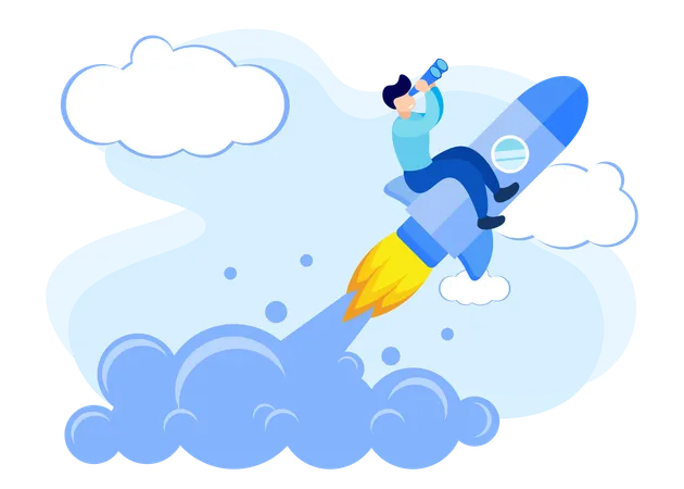Businessman riding on rocket and searching business vision  Illustration