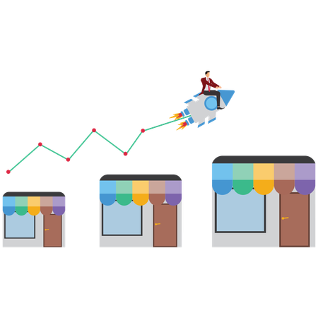 Businessman riding on rocket while getting Retail Business Growth and Marketing  Illustration