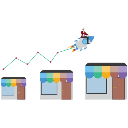 Businessman riding on rocket while getting Retail Business Growth and Marketing  Illustration