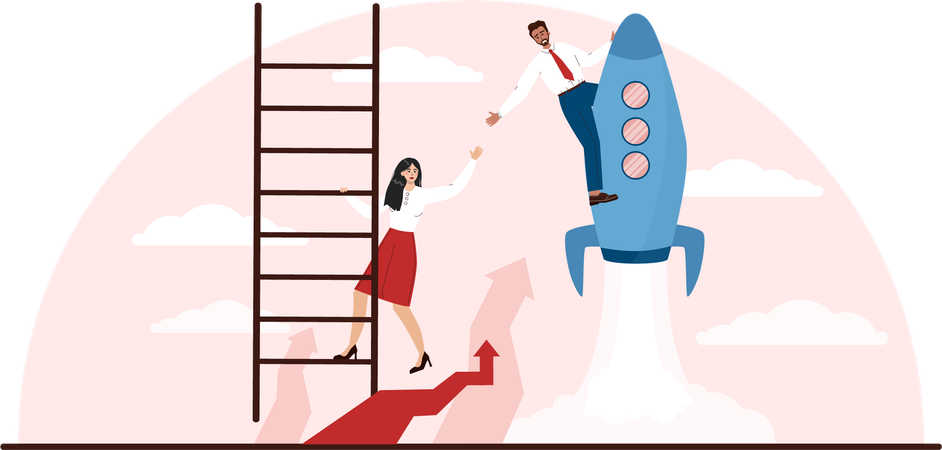 Businessman riding on rocket while supporting business team member  Illustration
