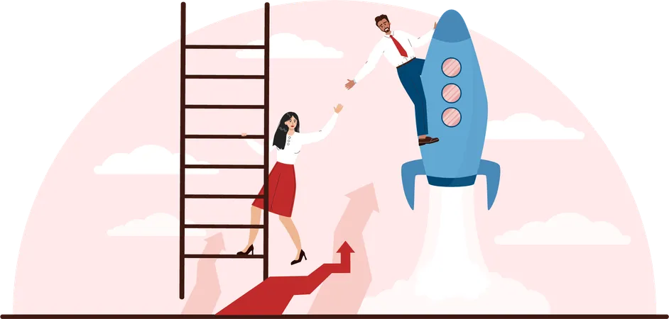 Businessman riding on rocket while supporting business team member  Illustration
