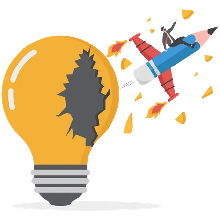 Businessman riding pencil rocket flying from light bulb  Illustration