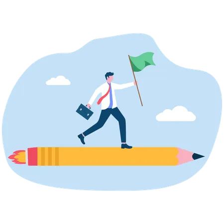 Businessman riding pencil rocket flying in sky  Illustration