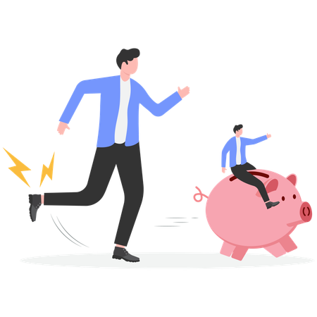 Businessman riding piggy bank and running under dangerous man foot ready to step on it  Illustration