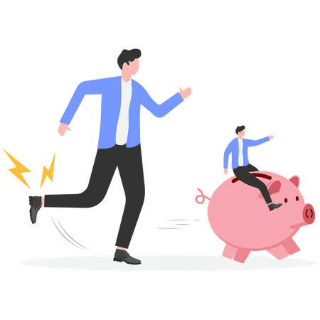 Businessman riding piggy bank and running under dangerous man foot ready to step on it  Illustration