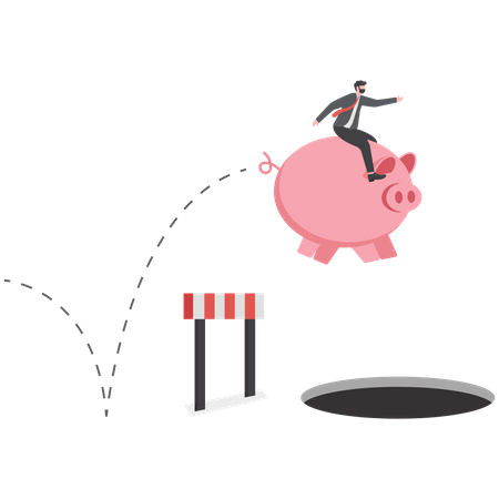 Businessman riding  piggy bank running and jumping  Illustration
