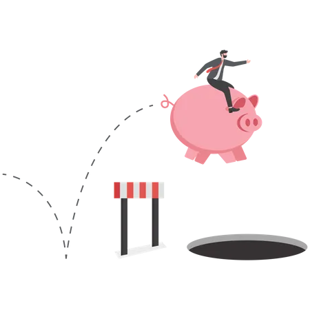 Businessman riding  piggy bank running and jumping  Illustration