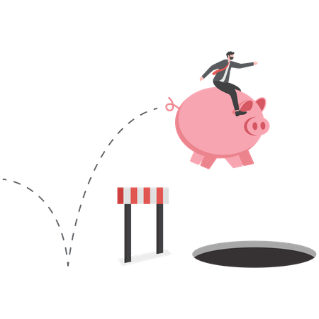 Businessman riding  piggy bank running and jumping  Illustration