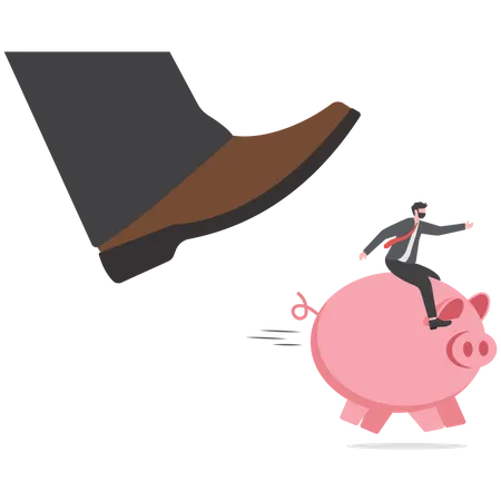 Businessman riding piggy bank to escape crisis and business troubles  Illustration