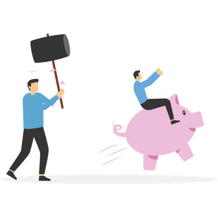 Businessman riding piggy bank to escape crisis and business troubles  Illustration