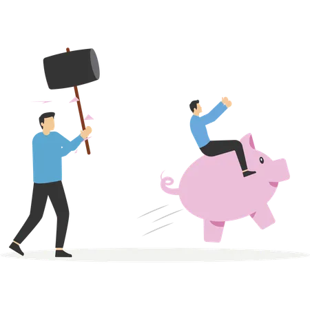 Businessman riding piggy bank to escape crisis and business troubles  Illustration