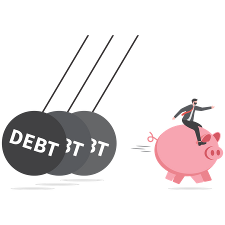 Businessman riding piggy bank to escape debt  Illustration
