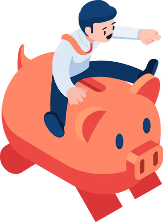 Flat 3 D Isometric Businessman Riding Piggybank And Moving Forward Financial Management And Investment Planning Concept Illustration