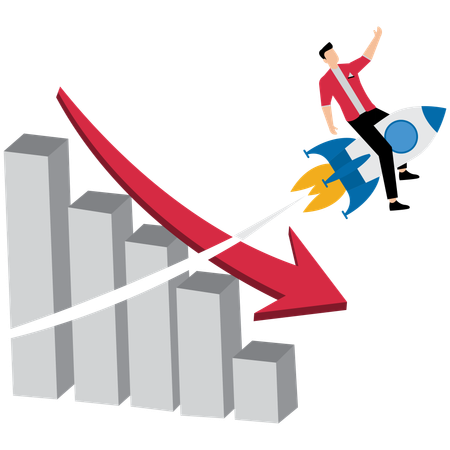 Businessman riding rocket breaking through falling down bar graph  Illustration