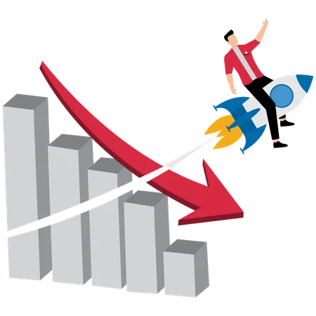 Businessman riding rocket breaking through falling down bar graph  Illustration