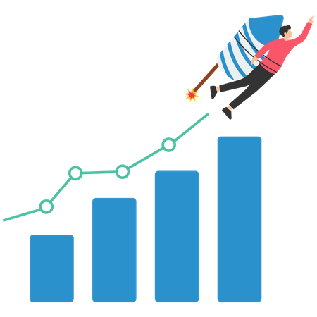 Businessman riding rocket on growth bar graph  Illustration