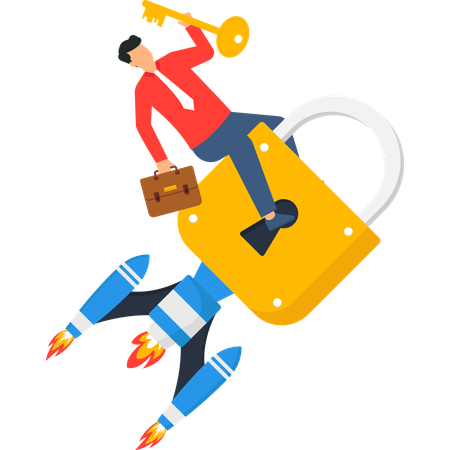 ロケット南京錠に乗るビジネスマンがスタートアップの成長の成功の鍵  イラスト