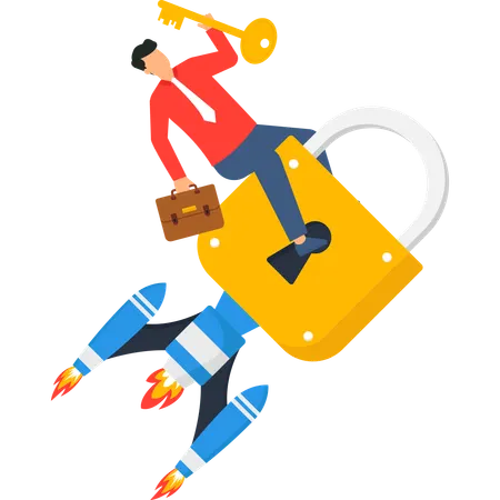 ロケット南京錠に乗るビジネスマンがスタートアップの成長の成功の鍵  イラスト