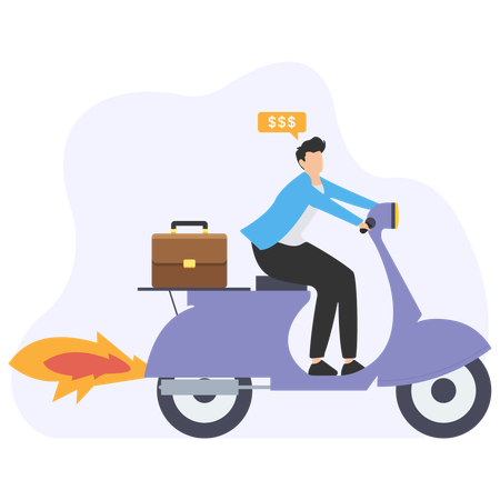 Businessman riding scooter to work thinking about money  Illustration