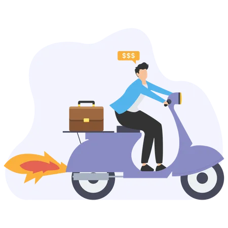 Businessman riding scooter to work thinking about money  Illustration