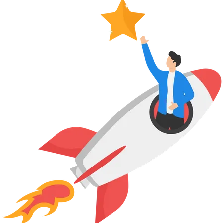Businessman Riding A Fast Rocket To Catch The Golden Star Innovation To Help Or Support Work Success Entrepreneurship Or Winning Business Challenge Work Opportunity Or Business Accomplishment Concept Illustration