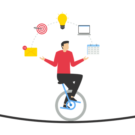 Businessman riding tricycle juggling elements  Illustration