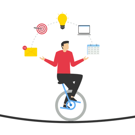 Businessman riding tricycle juggling elements  Illustration