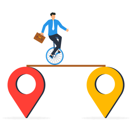 Businessman riding unicycle from map navigation pin to new one metaphor of relocation  Illustration